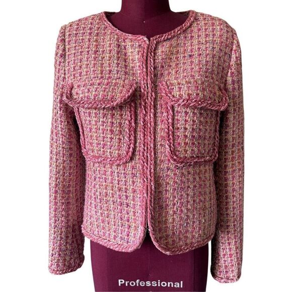 By Anthropologie Slim Tweed Jacket Pink size S Blazer - Picture 3 of 15
